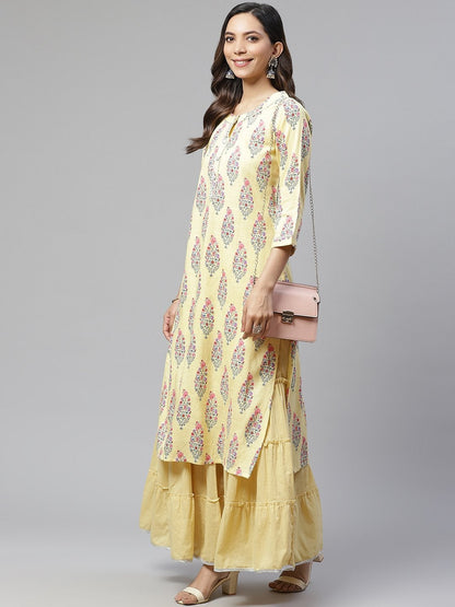 Women's The Dressify Yellow Rayon Printed Kurti Sharara Set