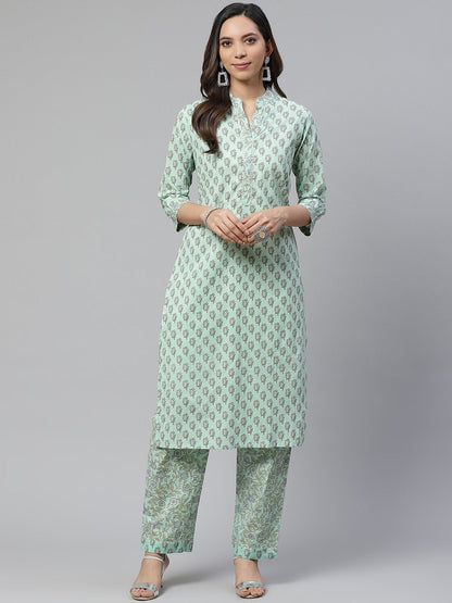 Women's Sea Green Cotton Printed Kurti Pant Set