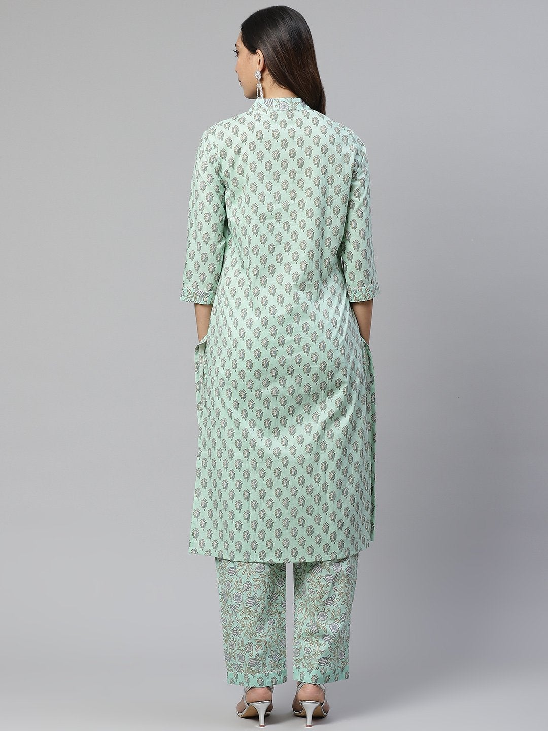 Women's Sea Green Cotton Printed Kurti Pant Set