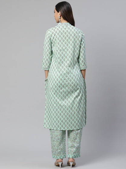 Women's Sea Green Cotton Printed Kurti Pant Set