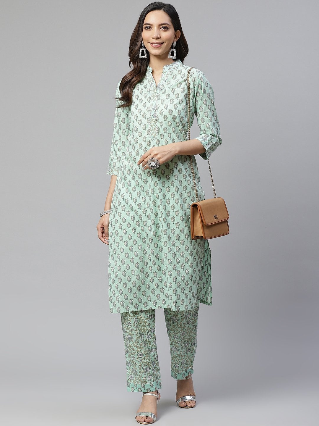 Women's Sea Green Cotton Printed Kurti Pant Set