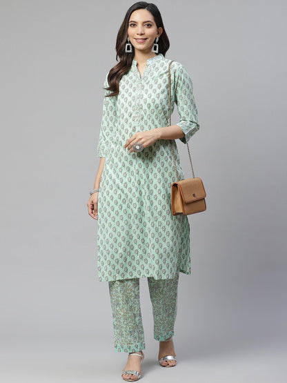 Women's Sea Green Cotton Printed Kurti Pant Set