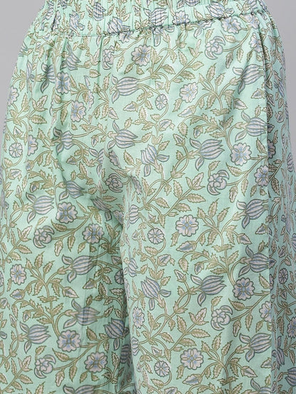 Women's Sea Green Cotton Printed Kurti Pant Set