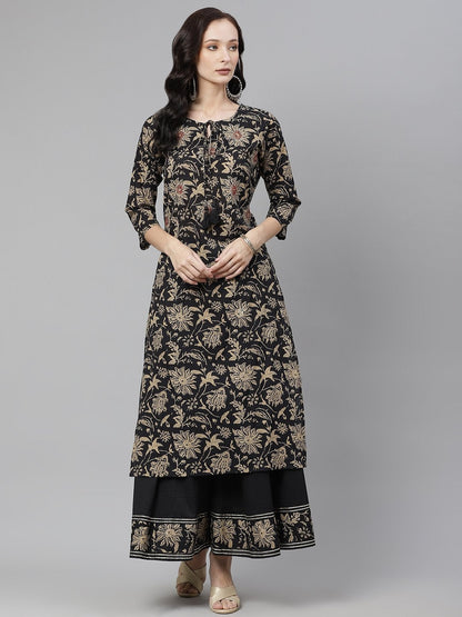 Women's Black Printed Kurta with Palazzo Set