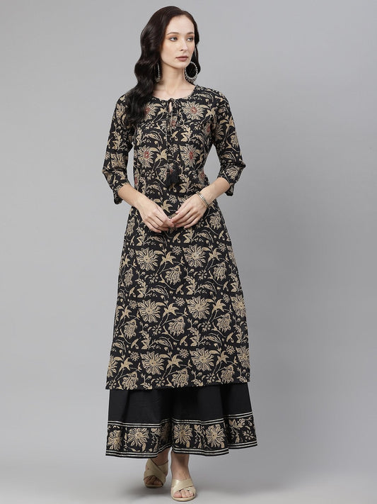 Women's Black Printed Kurta with Palazzo Set
