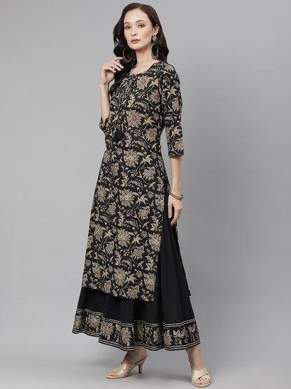 Women's Black Printed Kurta with Palazzo Set