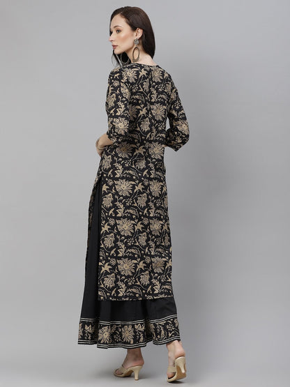 Women's Black Printed Kurta with Palazzo Set