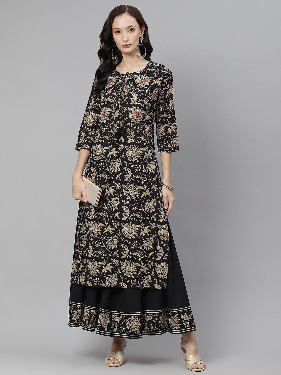 Women's Black Printed Kurta with Palazzo Set