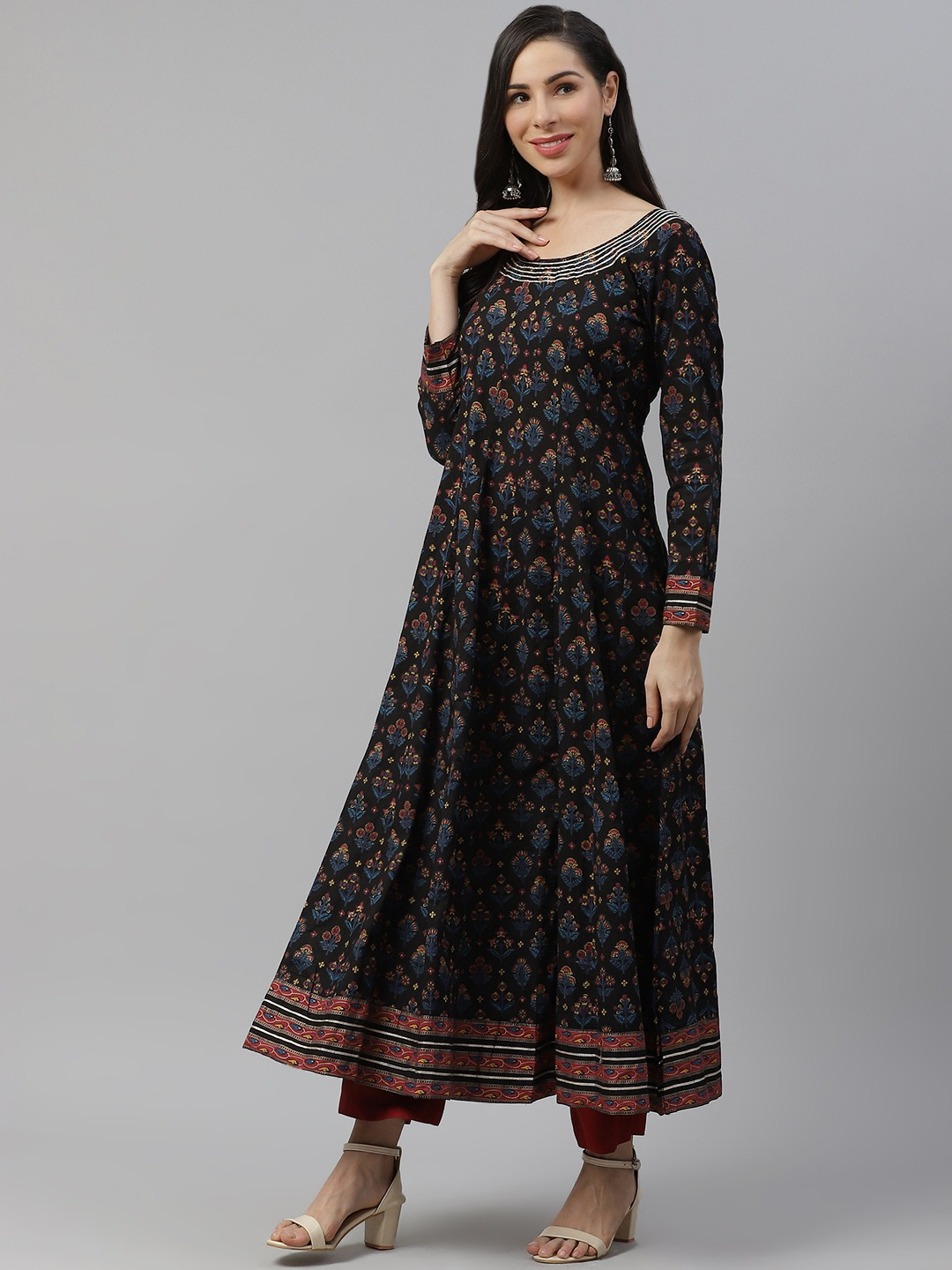 Women's Black Cotton Anarkali Kurta