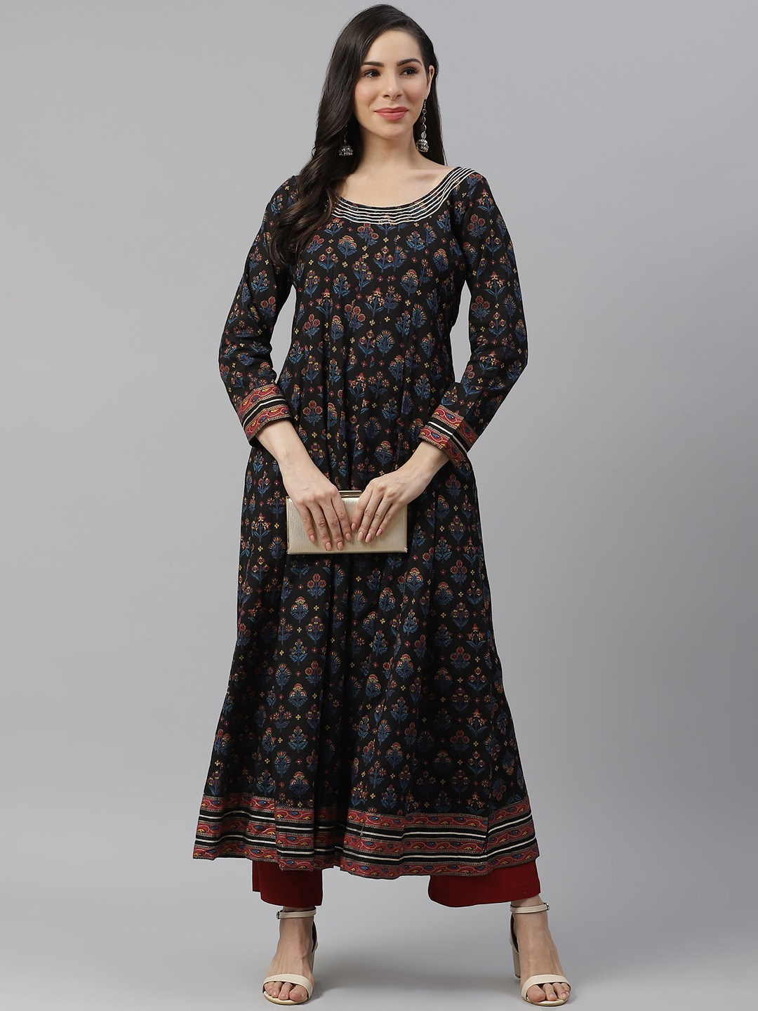 Women's Black Cotton Anarkali Kurta