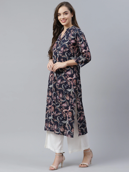 Women's Blue Printed Rayon Straight Kurti