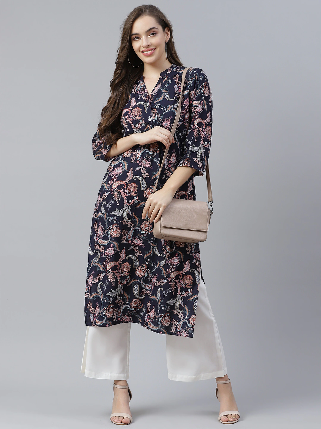 Women's Blue Printed Rayon Straight Kurti