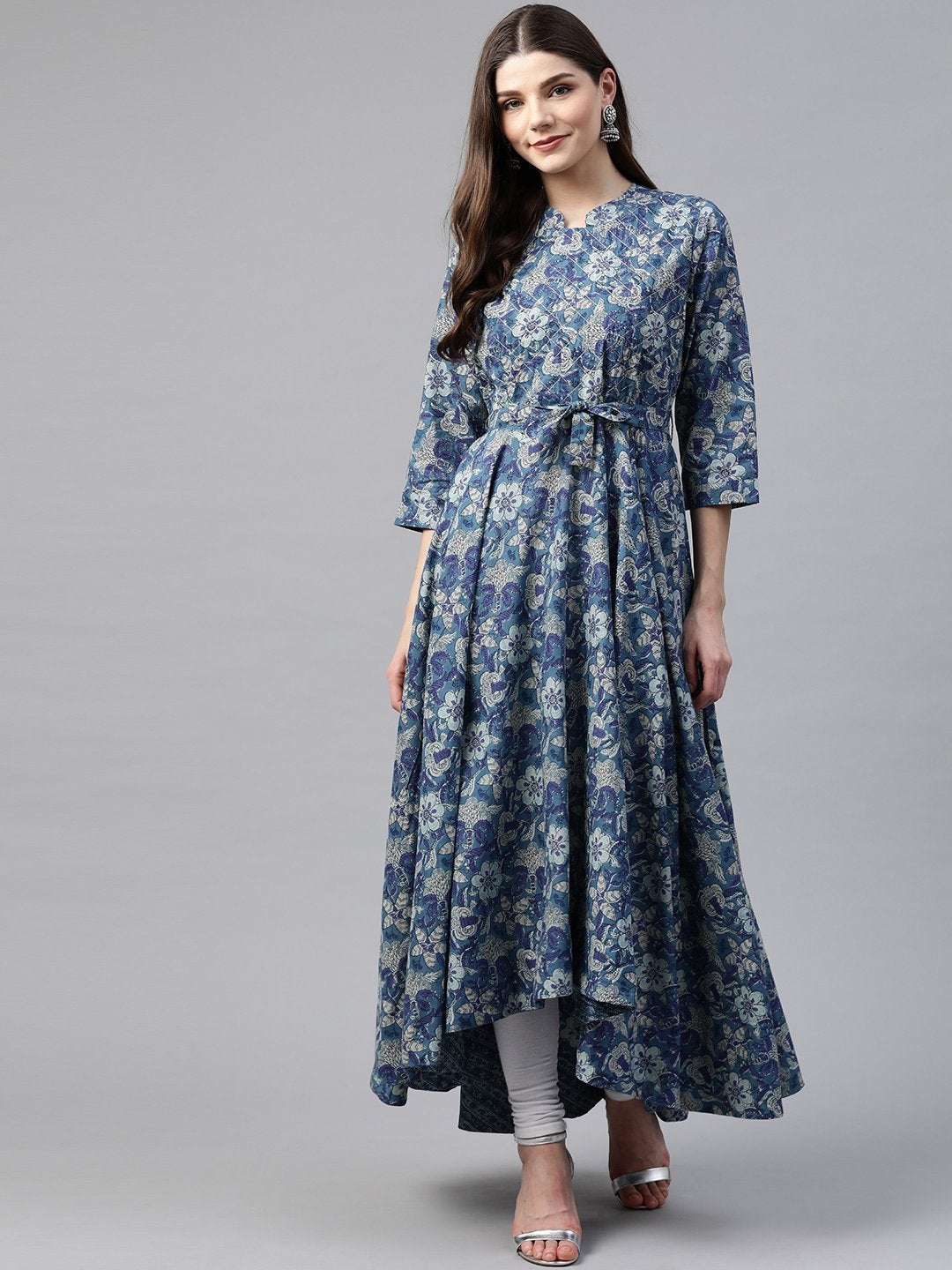 Women's Indigo Blue High Low Flared Kurta with Belt