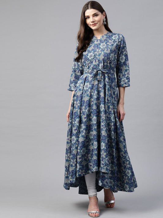 Women's Indigo Blue High Low Flared Kurta with Belt