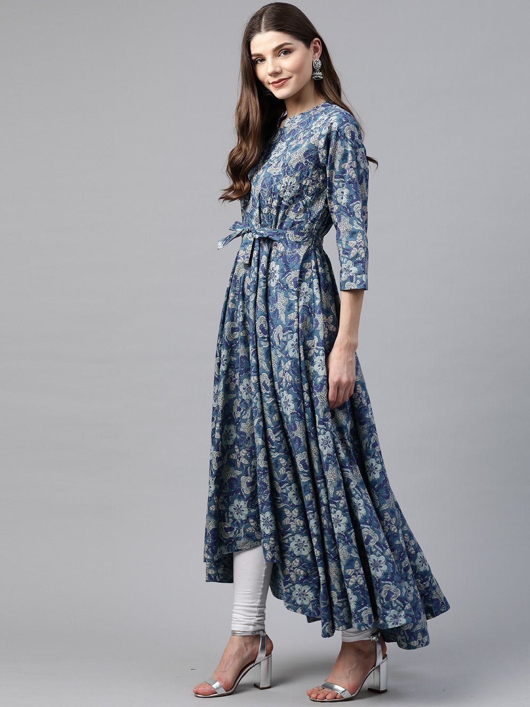 Women's Indigo Blue High Low Flared Kurta with Belt
