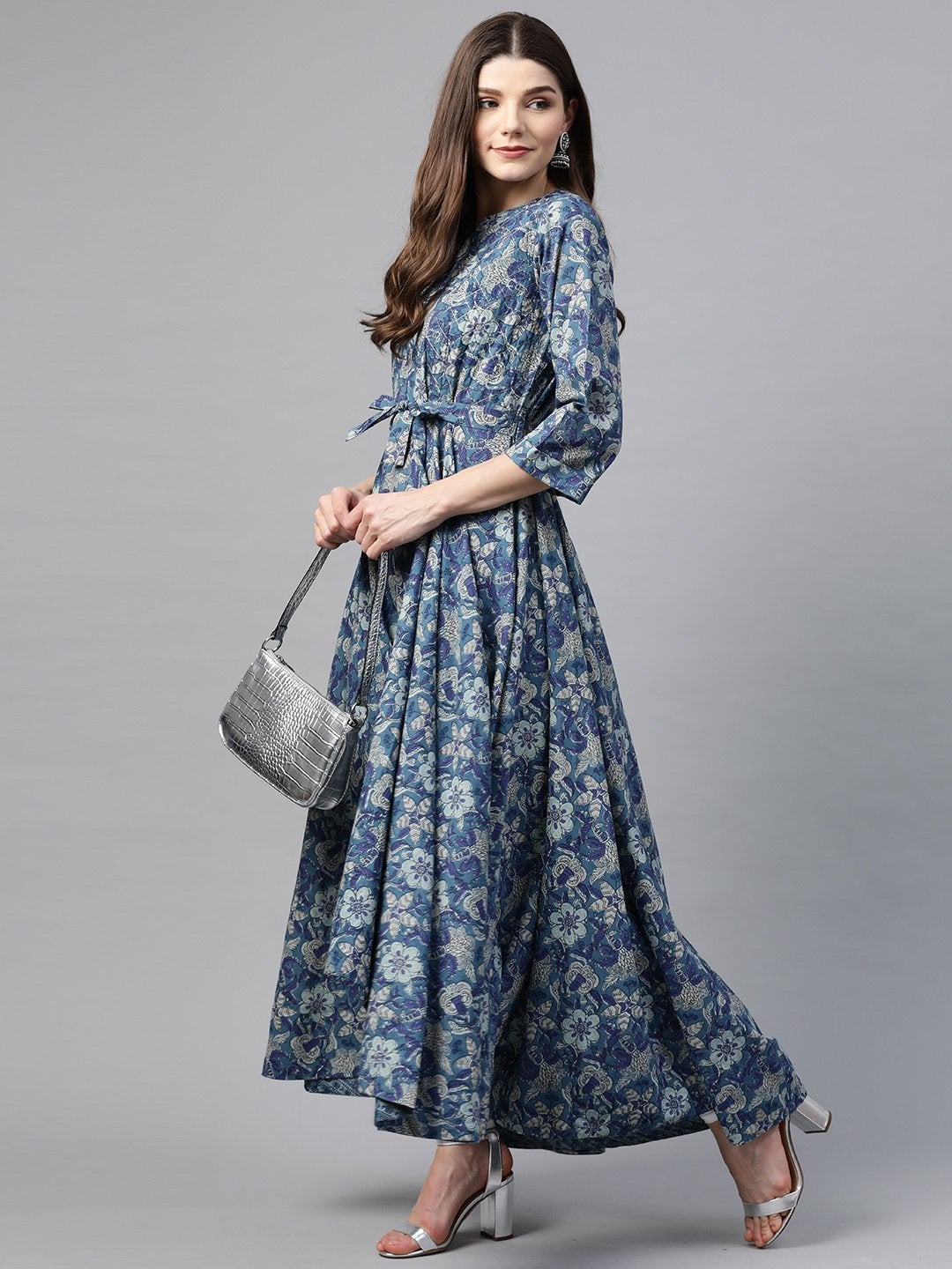 Women's Indigo Blue High Low Flared Kurta with Belt