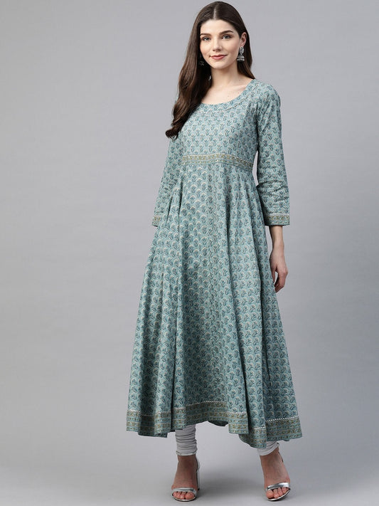 Women's Indigo Blue Printed High Low Kurta