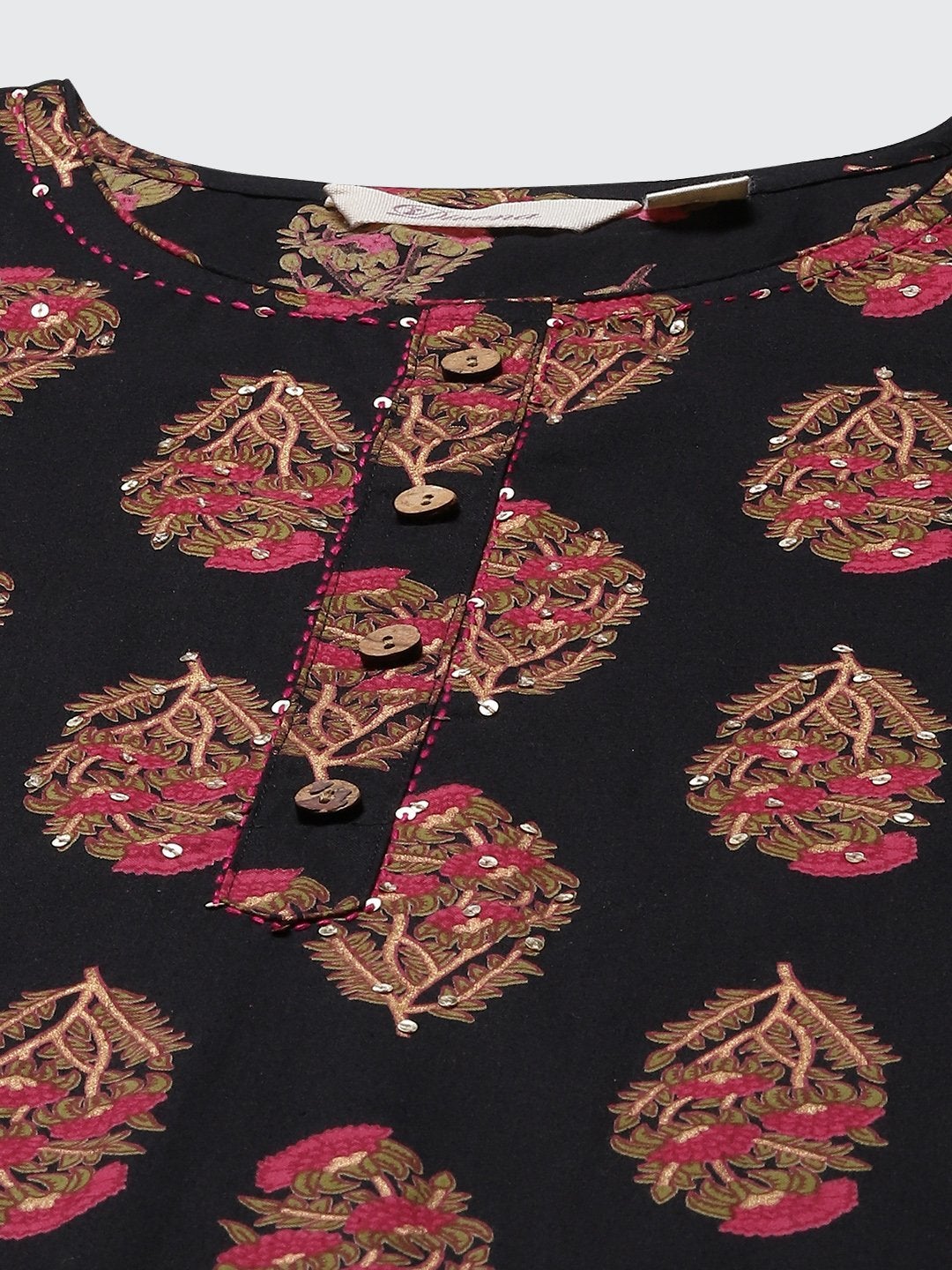 Women's Black Floral Print Cotton Straight Kurta