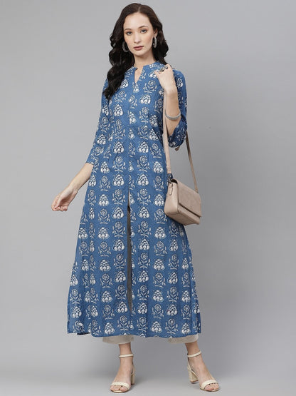 Women's Blue Cotton shrug style kurta