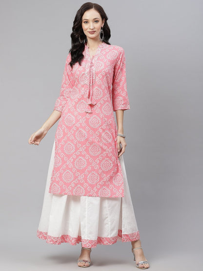 Women's Pink  Bandhej Gota patti Work Kurta with Palazzo Set