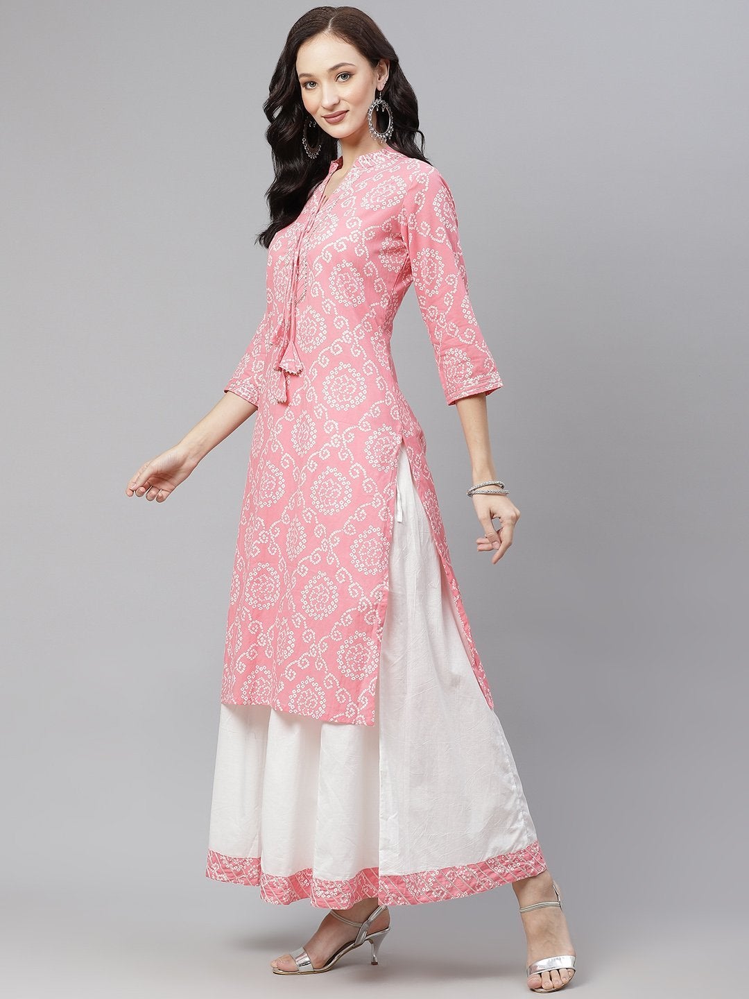 Women's Pink  Bandhej Gota patti Work Kurta with Palazzo Set