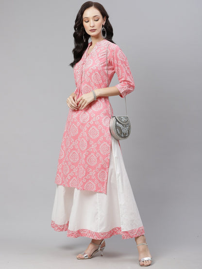 Women's Pink  Bandhej Gota patti Work Kurta with Palazzo Set