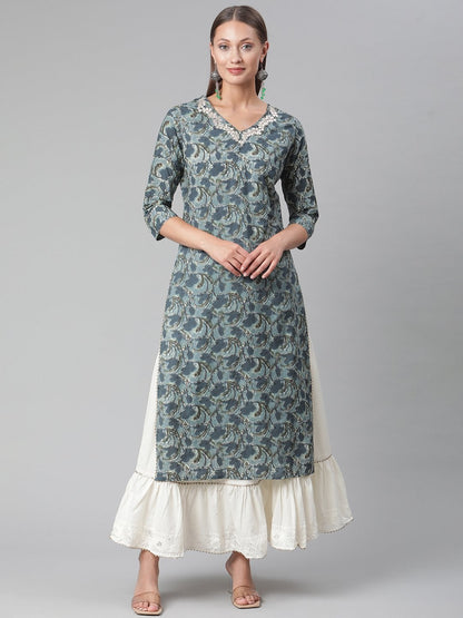 Women's Blue Cotton Kurta With Skirt
