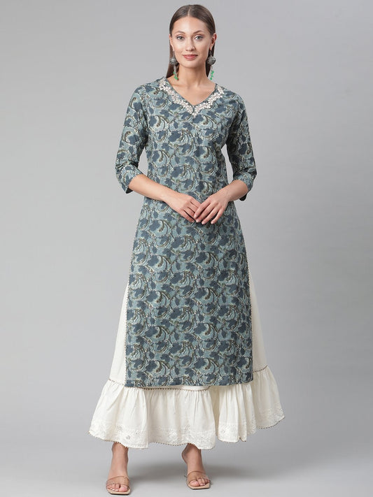 Women's Blue Cotton Kurta With Skirt