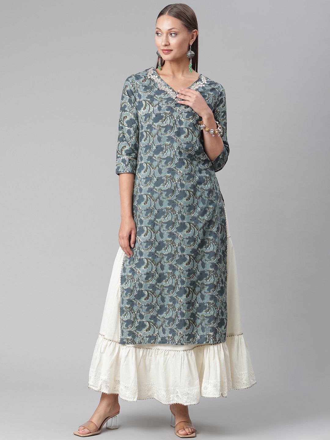 Women's Blue Cotton Kurta With Skirt