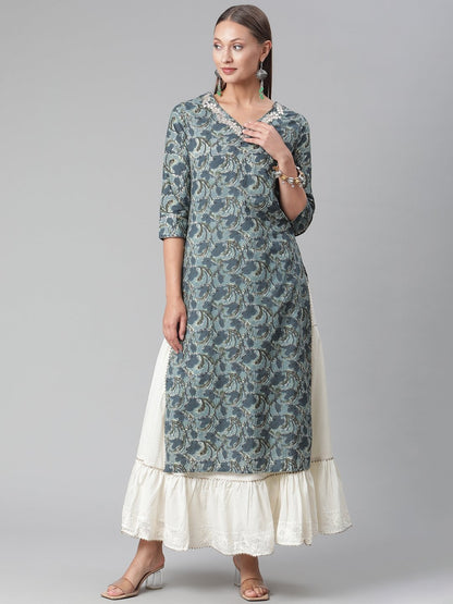 Women's Blue Cotton Kurta With Skirt