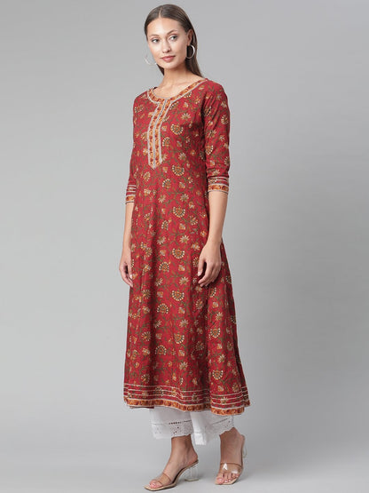Women's Red Flaired Cotton Anarkali Kurta