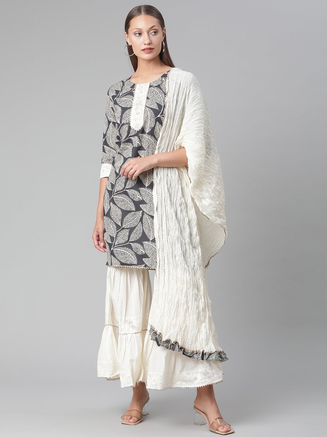 Women's Printred Cotton Kurta Set With Sharara And Dupatta