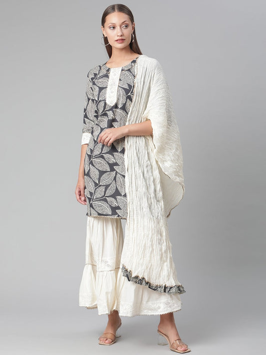 Women's Printred Cotton Kurta Set With Sharara And Dupatta