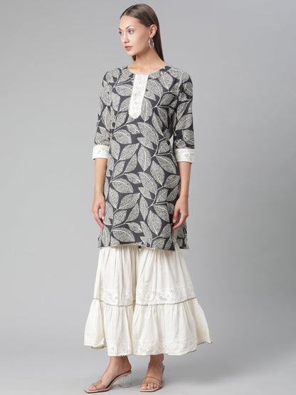 Women's Printred Cotton Kurta Set With Sharara And Dupatta