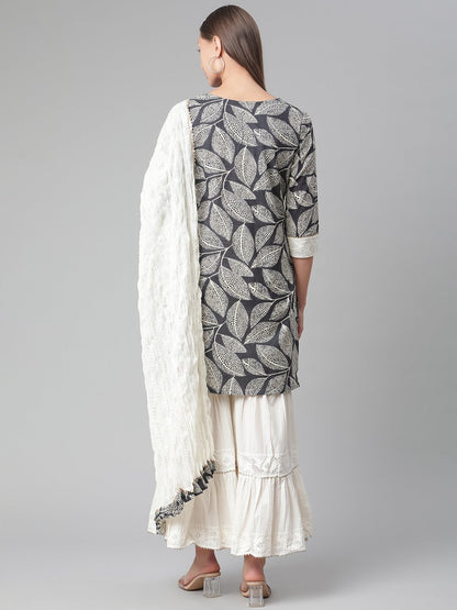 Women's Printred Cotton Kurta Set With Sharara And Dupatta
