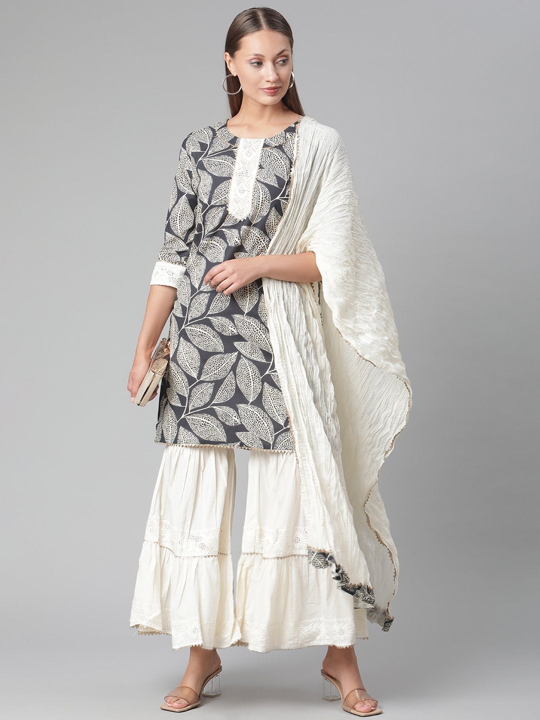 Women's Printred Cotton Kurta Set With Sharara And Dupatta