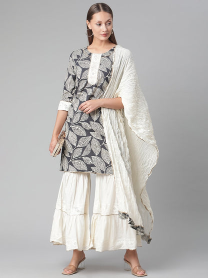 Women's Printred Cotton Kurta Set With Sharara And Dupatta