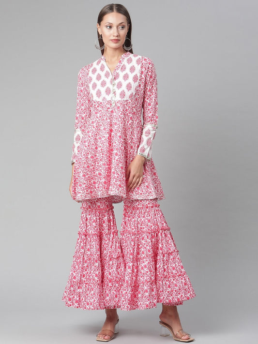 Women's Red White Peplum kurta With Sharara Set