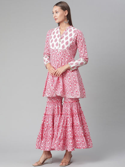 Women's Red White Peplum kurta With Sharara Set