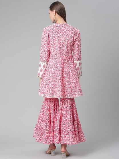Women's Red White Peplum kurta With Sharara Set