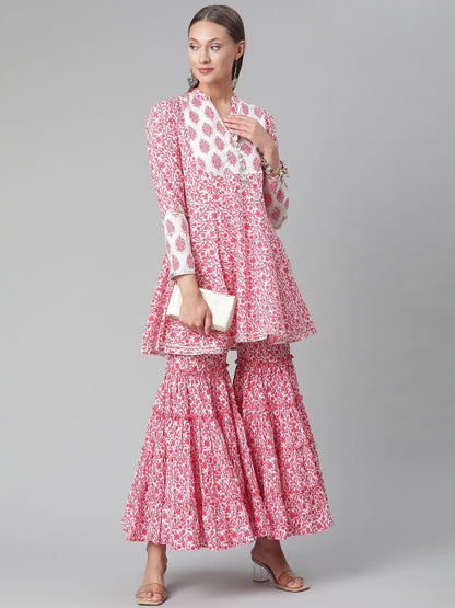 Women's Red White Peplum kurta With Sharara Set