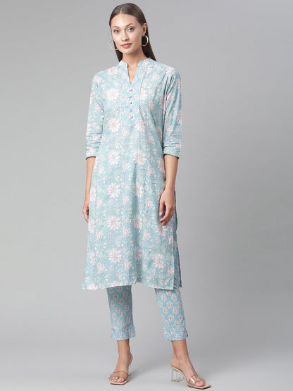 Women's Sky Blue Cotton kurta Pant set