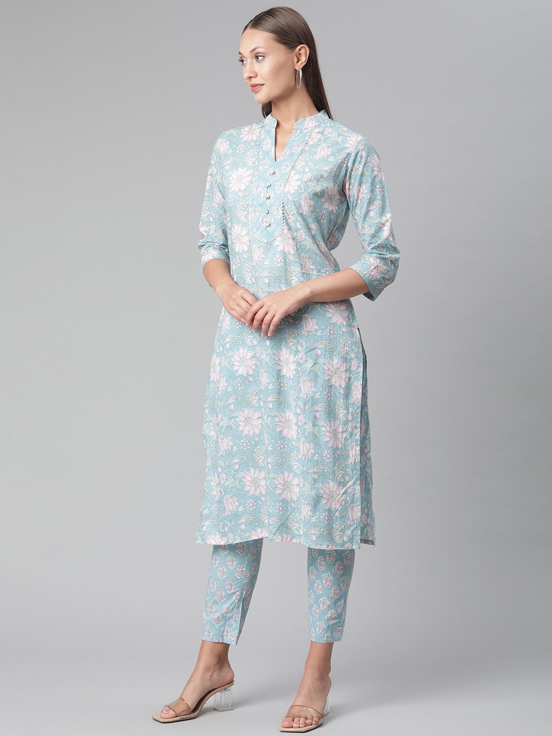 Women's Sky Blue Cotton kurta Pant set