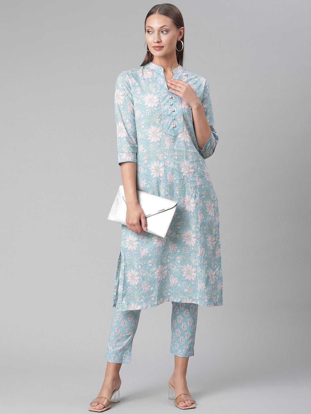 Women's Sky Blue Cotton kurta Pant set