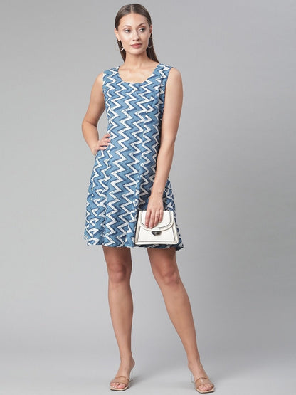 Women's Blue Knee Length Cotton Dress