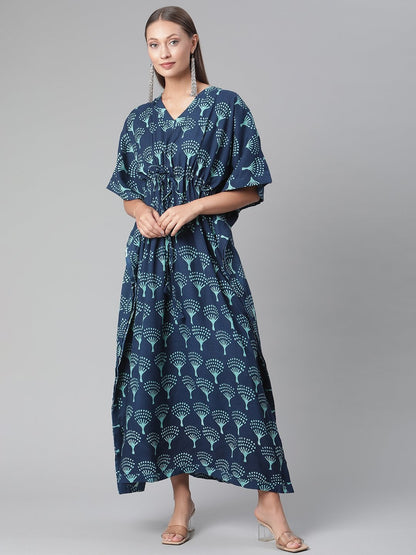 Women's Navy Blue Floral Cotton Kaftan