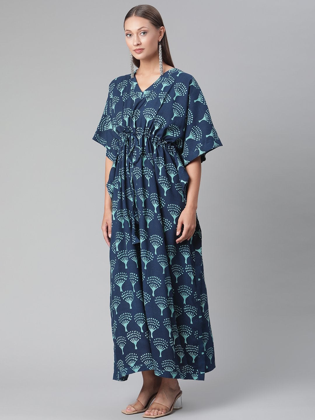Women's Navy Blue Floral Cotton Kaftan