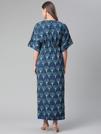 Women's Navy Blue Floral Cotton Kaftan