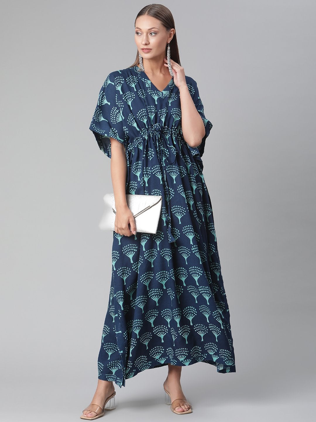 Women's Navy Blue Floral Cotton Kaftan
