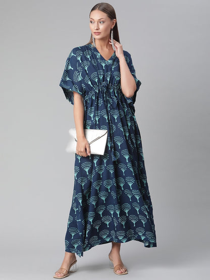 Women's Navy Blue Floral Cotton Kaftan